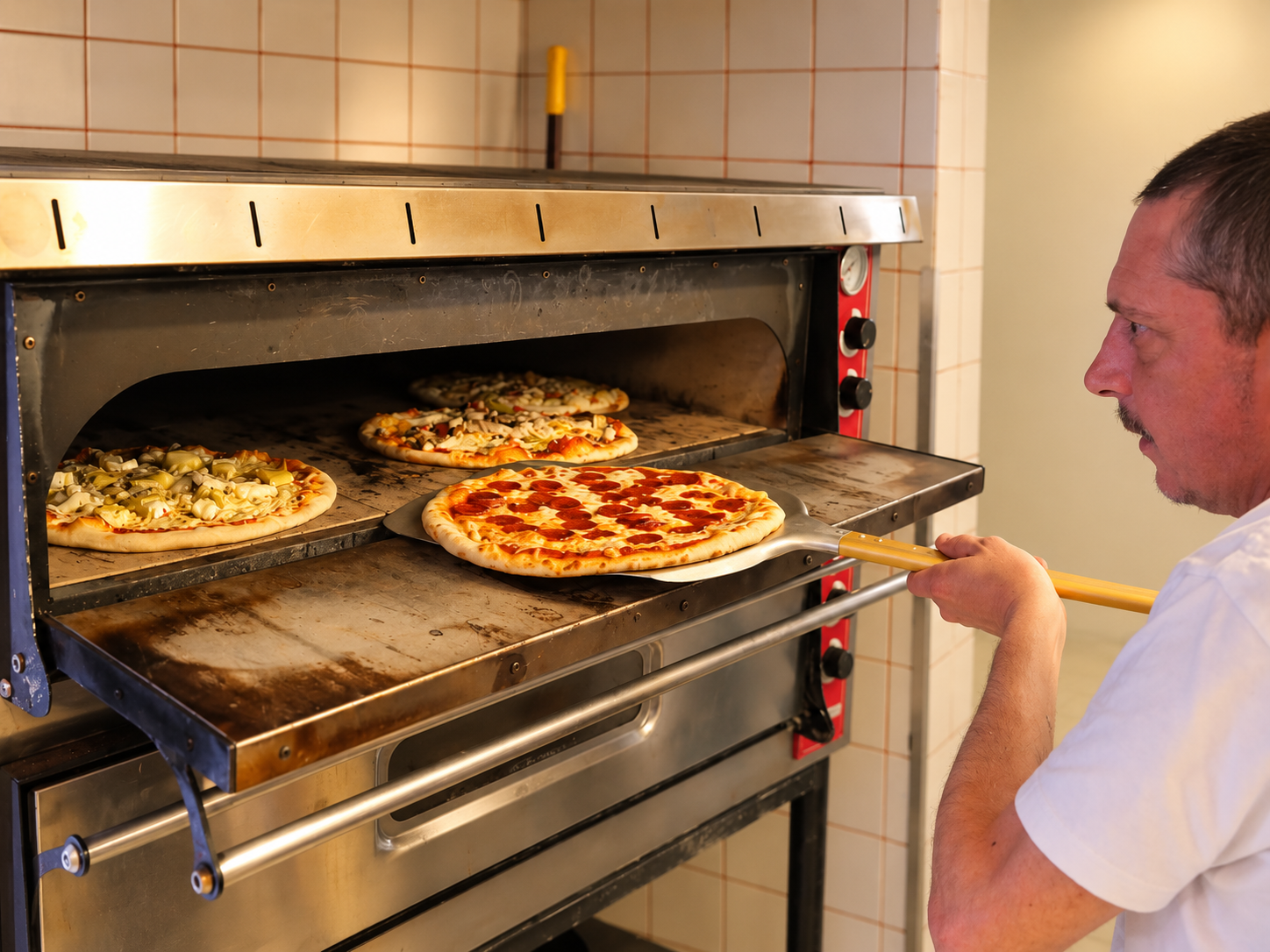 Un salarié de Pizza Minutes au travail, une pizza sur la pelle devant le four